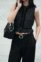 FRINGED SEQUIN KNIT VEST