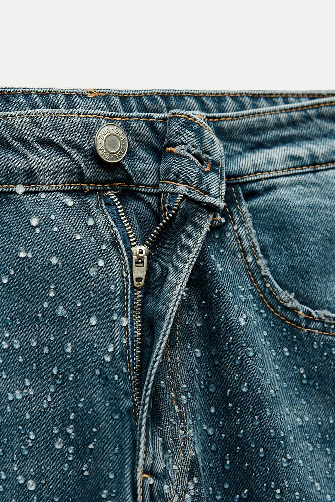 Jeans ZARA Oversize Trf Relaxed Tapered Con Rhinestones Para Mujer En Azul  Tiro Alto