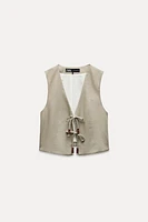 LINEN BLEND VEST WITH BEADED BOWS