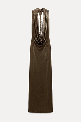 LONG FOIL HALTER DRESS