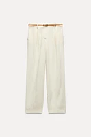 BELTED STRAIGHT LEG LINEN BLEND PANTS