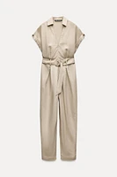 LINEN BLEND BELTED LONG JUMPSUIT