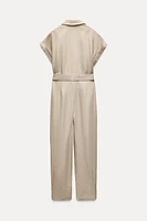 LINEN BLEND BELTED LONG JUMPSUIT