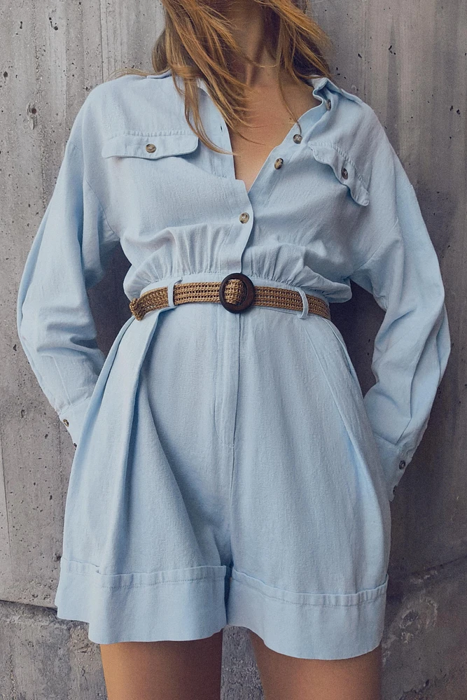 LINEN BLEND BELTED SHORT JUMPSUIT