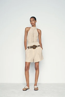 BELTED LINEN BLEND SHORTS