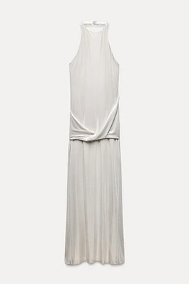 LONG FOIL HALTER DRESS