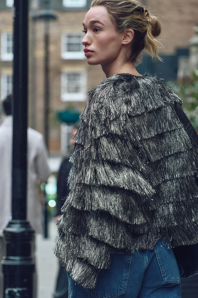 FRINGED JACKET WITH METALLIC THREAD