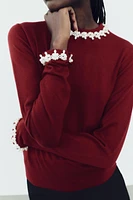 BASIC KNIT FAUX PEARLS SWEATER