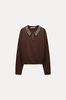 JEWEL BEADED KNIT POLO TOP