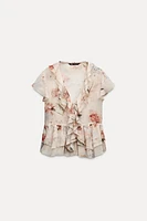 FLORAL PRINT RUFFLE BLOUSE WITH TIE