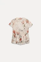 FLORAL PRINT RUFFLE BLOUSE WITH TIE