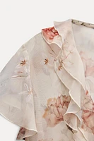 FLORAL PRINT RUFFLE BLOUSE WITH TIE