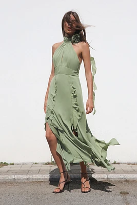 RUFFLED FLOWER HALTER NECK DRESS