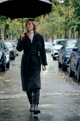 LONG BELTED WOOL BLEND COAT