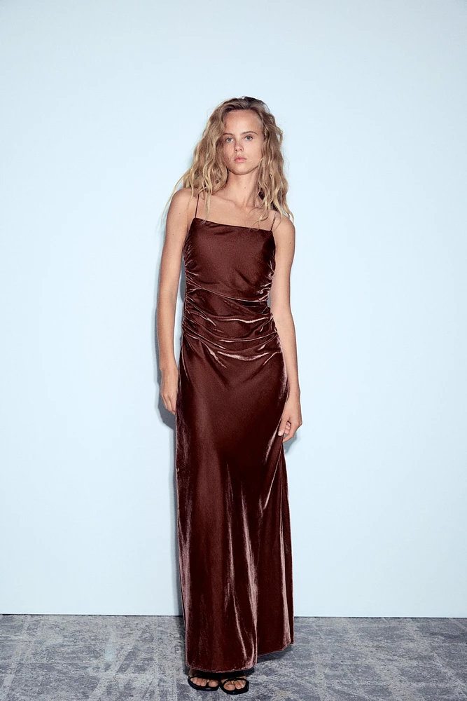 STRAPPY VELVET DRAPED MIDI DRESS