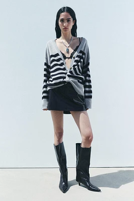 100% WOOL STRIPED KNIT CARDIGAN