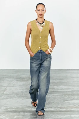 PLAIN KNIT LINEN BLEND VEST TOP