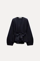 BELTED SHOULDER PAD KNIT BLAZER