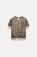 JACQUARD KNIT ANIMAL PRINT JEWELED NECKLINE TOP