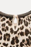 JACQUARD KNIT ANIMAL PRINT JEWELED NECKLINE TOP