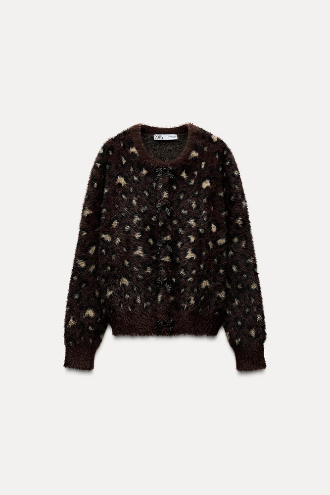 FUR EFFECT JACQUARD KNIT CARDIGAN