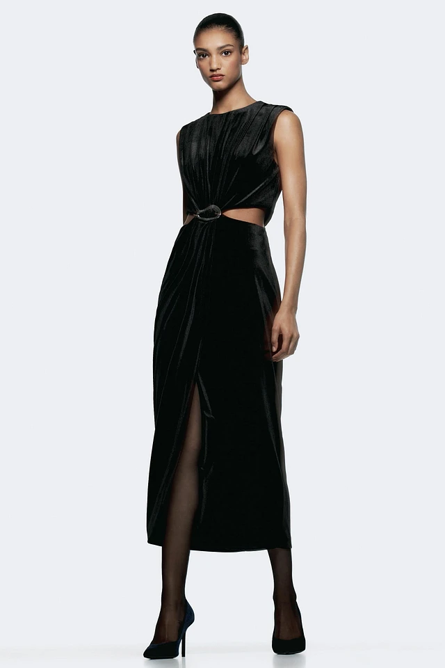 off the shoulder long sleeve black velvet dress Apolline