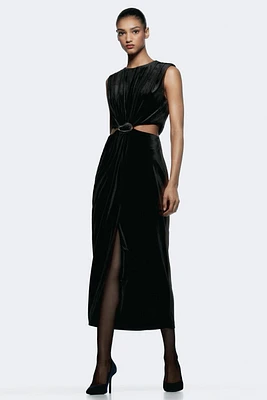 BUCKLED VELVET MIDI DRESS