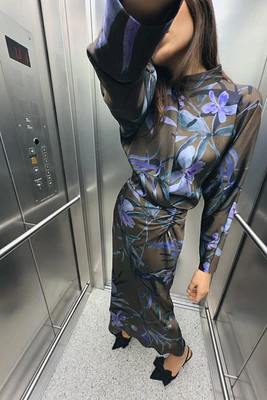 FLORAL PRINT SATIN EFFECT MIDI DRESS