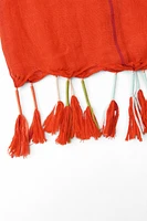 Linen blend scarf. Fringe trim with contrasting thread.