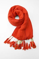 Linen blend scarf. Fringe trim with contrasting thread.