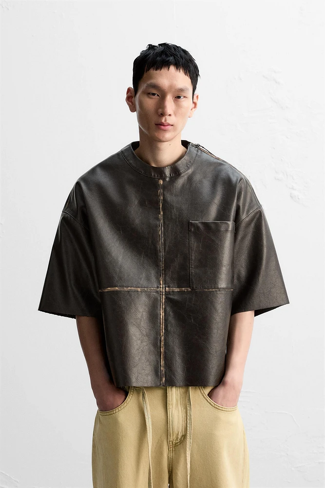 WASHED FAUX LEATHER OVERSHIRT