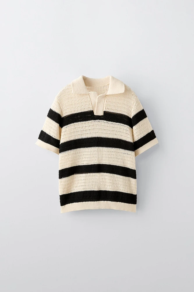 OPEN KNIT STRIPED POLO SHIRT