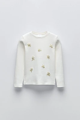 FAUX PEARL FLOWERS RIB T-SHIRT