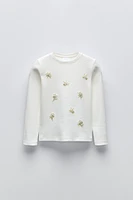 FAUX PEARL FLOWERS RIB T-SHIRT