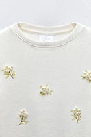 FAUX PEARL FLOWERS RIB T-SHIRT