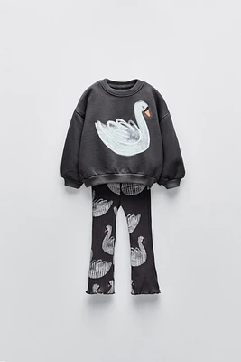 SWAN SWEATSHIRT AND FLARED LEGGINGS MATCHING SET