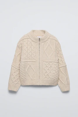 ZIPPERED CABLE-KNIT CARDIGAN