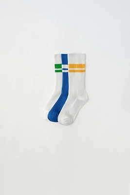 Pack of three pairs athletic socks. Stripe detail.