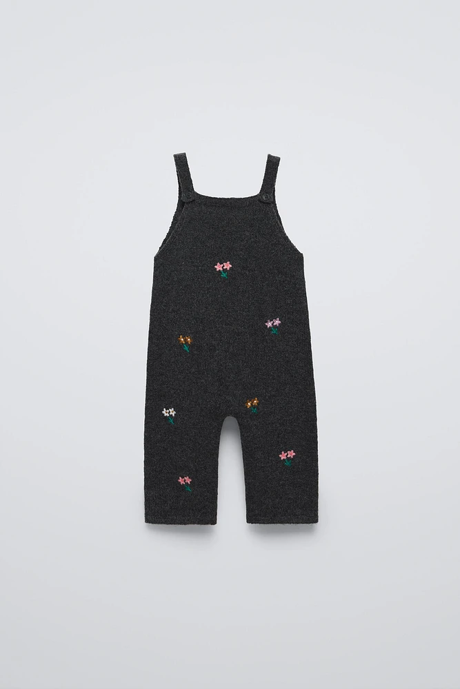 FLORAL EMBROIDERED KNIT OVERALLS