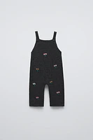 FLORAL EMBROIDERED KNIT OVERALLS