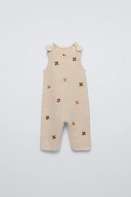 FLORAL EMBROIDERED KNIT OVERALLS