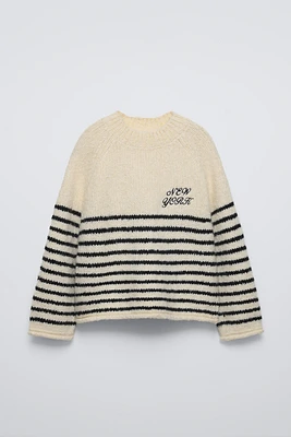 STRIPED KNIT SWEATER WITH EMBROIDERY