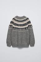 Long sleeve round neck sweater. Print detail at yoke.