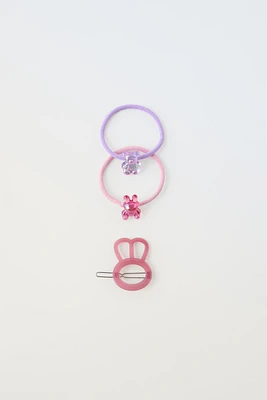 PACK OF ANIMAL HAIR TIES AND CLIP