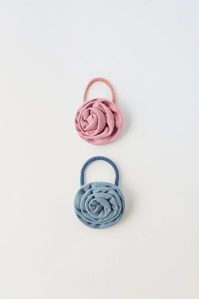 TWO PACK DENIM FLORAL HAIR TIES