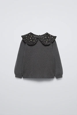 FINE-WALE CORDUROY COLLAR KNIT SWEATER