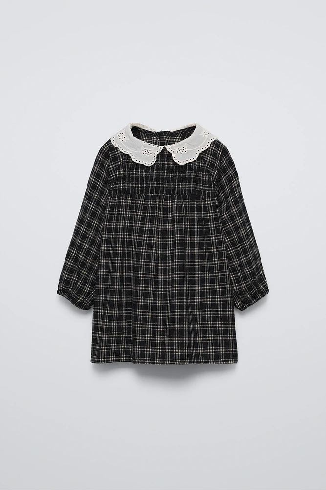 CHECKERED EMBROIDERED COLLAR DRESS