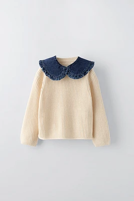 CONTRASTING KNIT COLLAR SWEATER