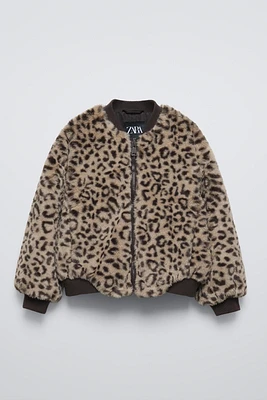 ANIMAL PRINT FAUX FUR BOMBER JACKET