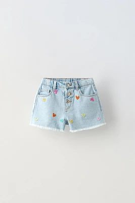 EMBROIDERED HEART DENIM SHORTS